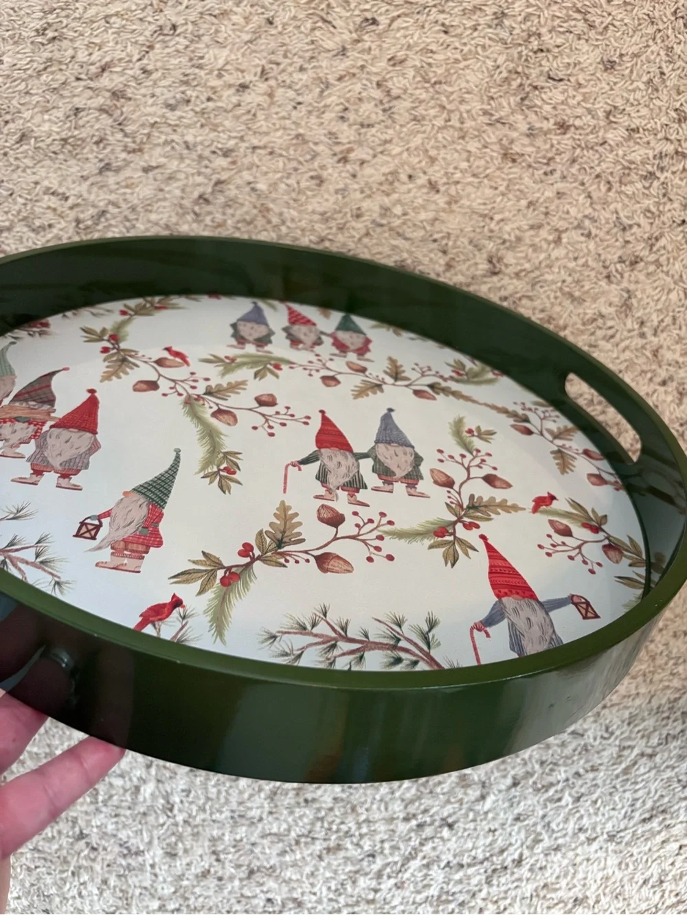 Williams Sonoma Holiday Gnomes Round Serving Tray Green Outer Handles